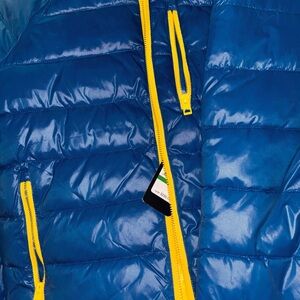 Large Blue Puffer Jacket with Yellow Accents